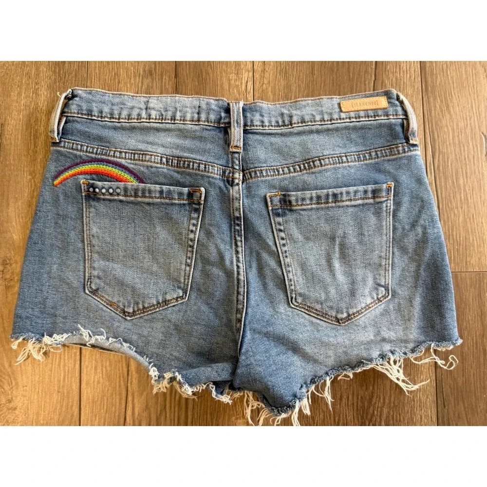 BLANKNYC The Astor Cut-Off Denim Shorts Sun Rainbow Embroidery Blue Size 28